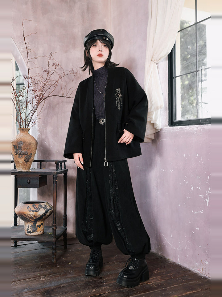 Black Raven Print Panel Corduroy Balloon Pants