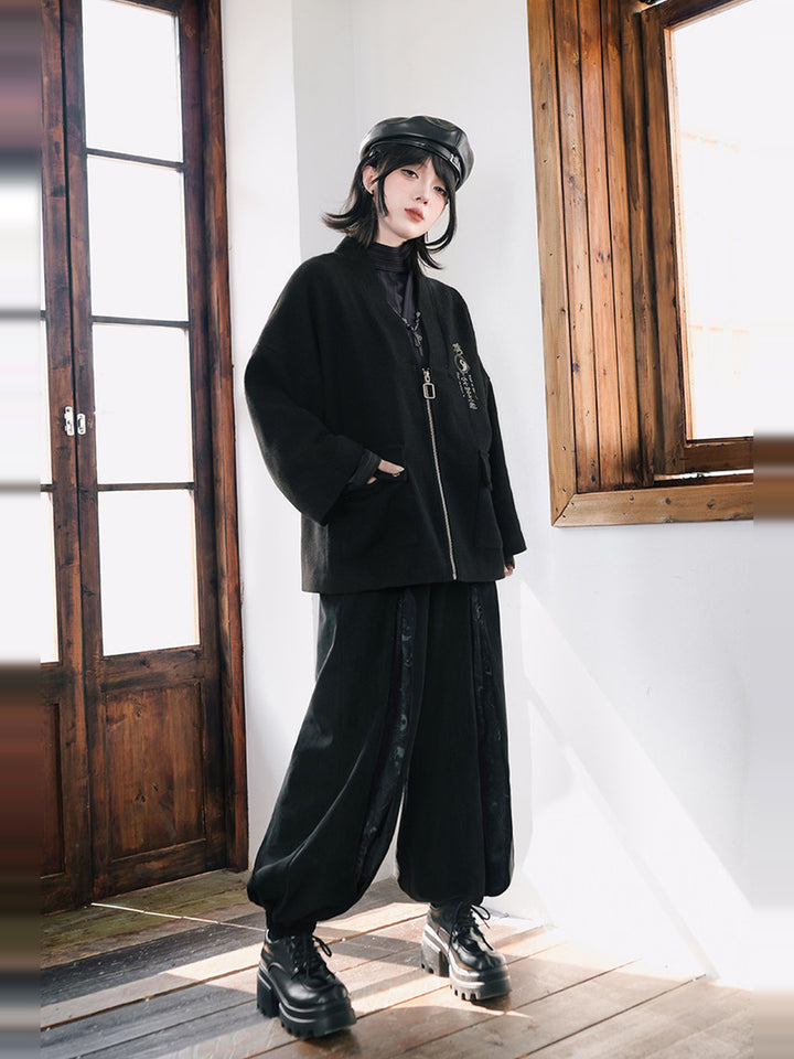 Black Raven Print Panel Corduroy Balloon Pants