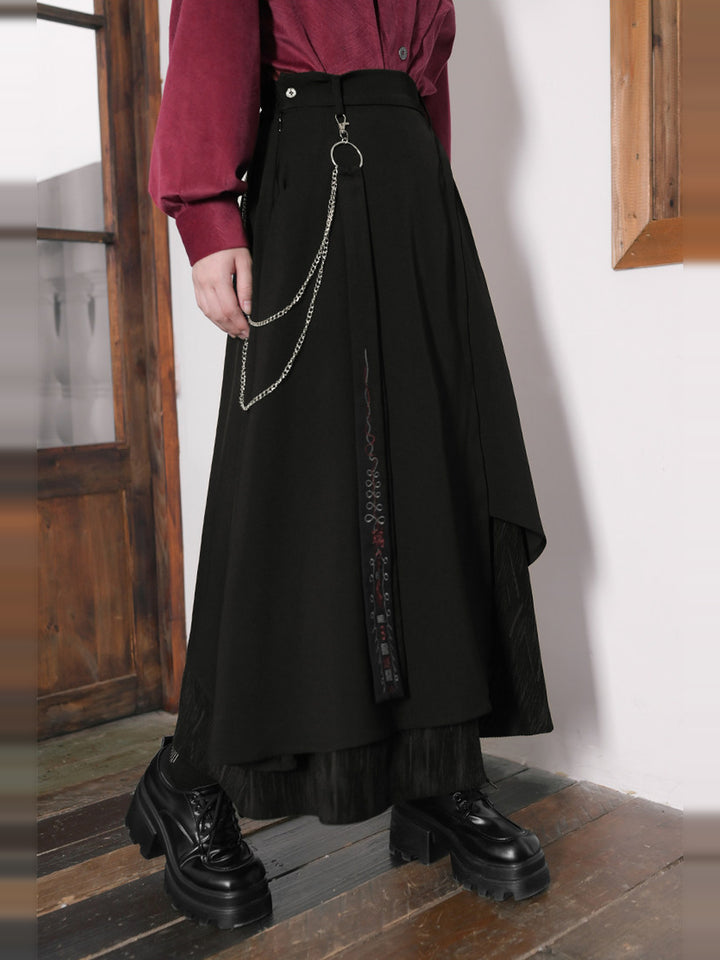 Black Layered Asymmetric Chain-Detail A-Line Maxi Skirt