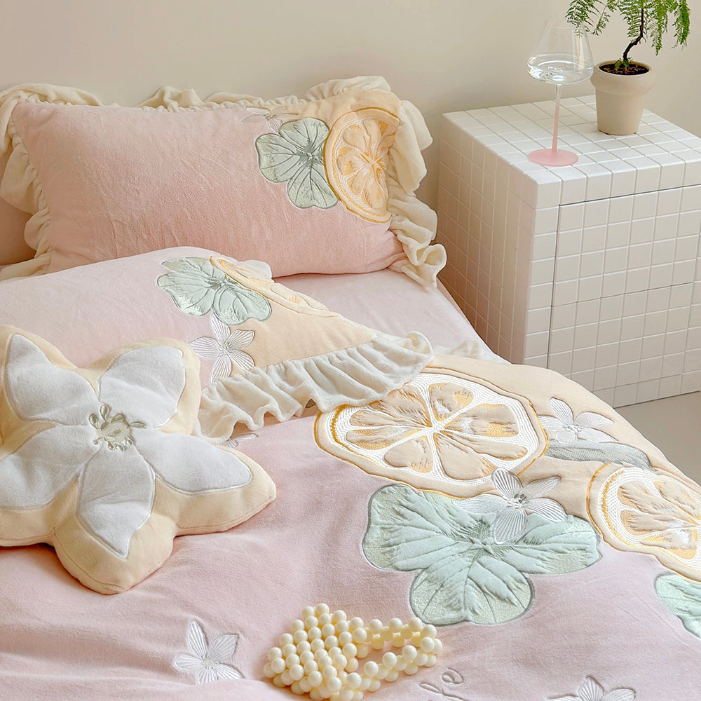 Cute Cartoon Lemon Embroidered Milk Fleece Winter Thickened Bedding Set