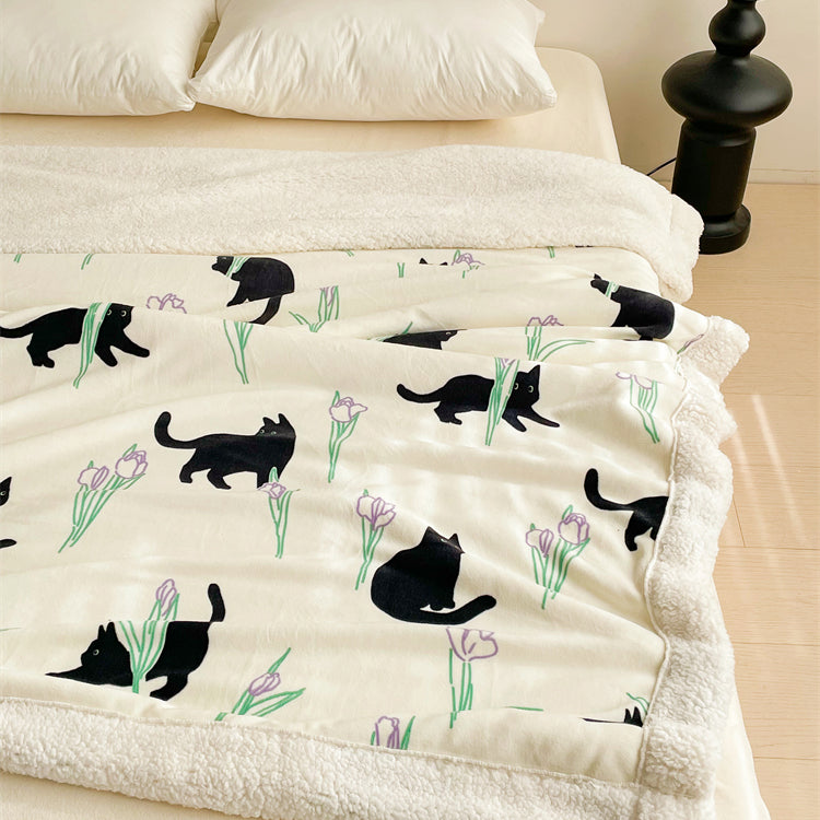 Black Cat and Iris Flower Printed Plush Blanket