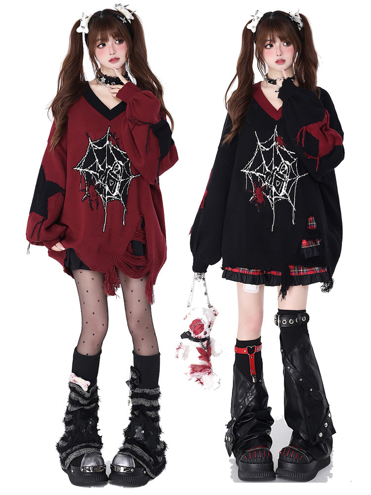 Spiderweb printed distressed V-neck sweater for autumn and winter