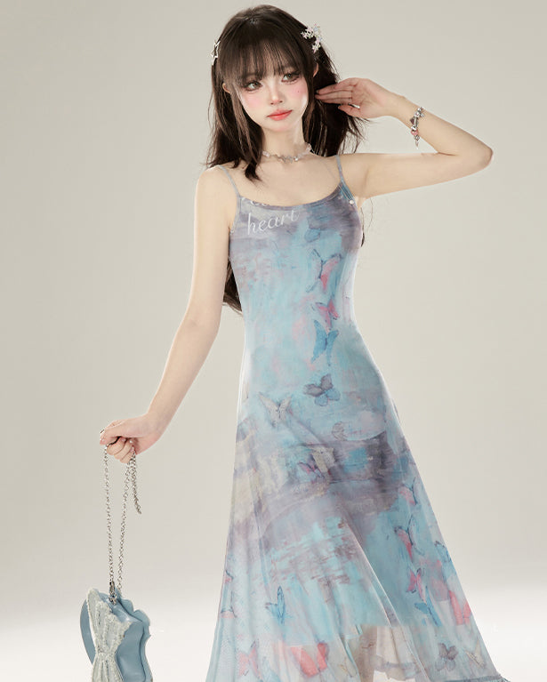 Summer Butterfly Irregular Spaghetti Strap Maxi Dress