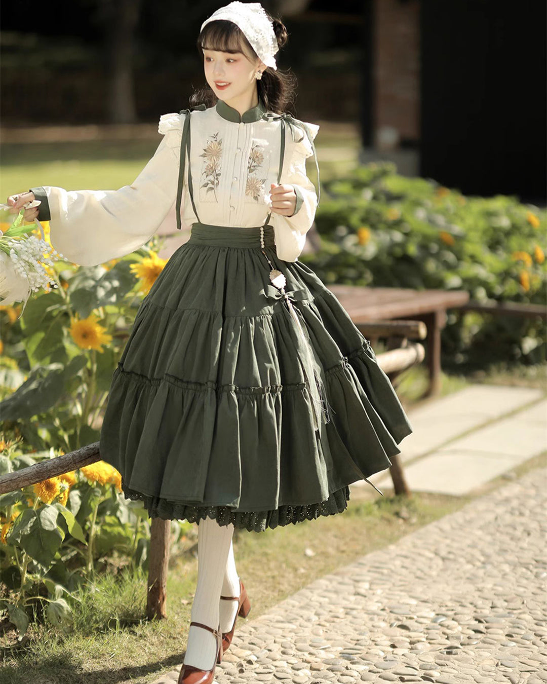 Sunflower Embroidered Long Sleeve Top Pinafore Skirt