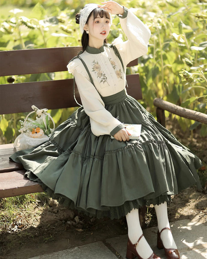 Sunflower Embroidered Long Sleeve Top Pinafore Skirt