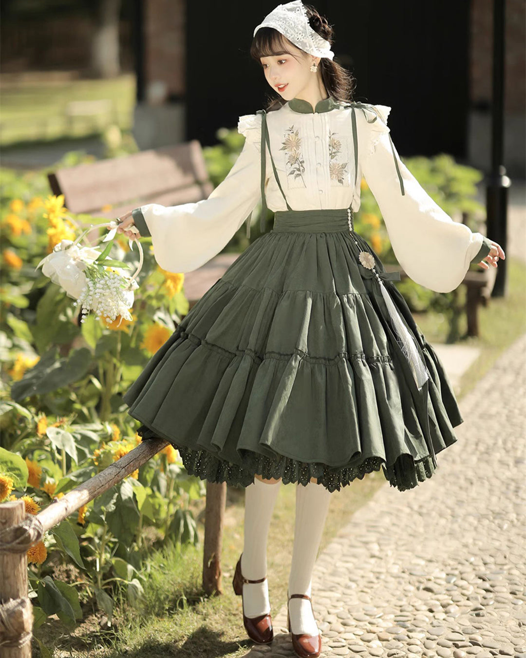 Sunflower Embroidered Long Sleeve Top Pinafore Skirt