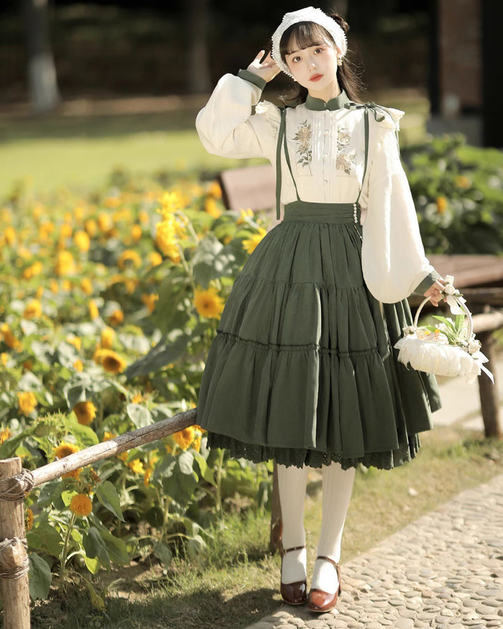 Sunflower Embroidered Long Sleeve Top Pinafore Skirt