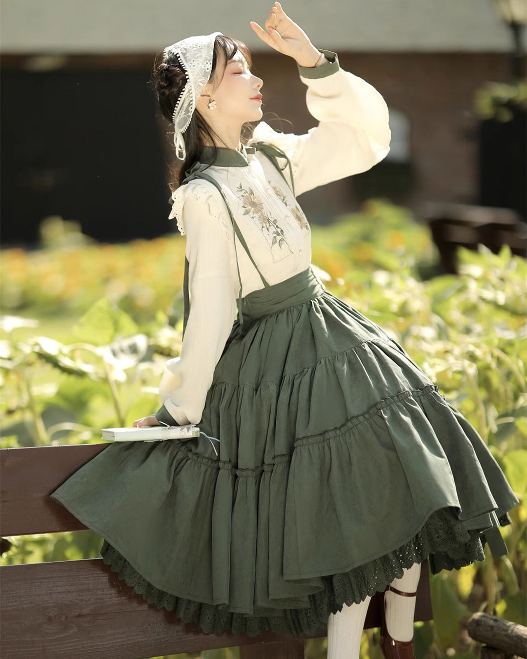 Sunflower Embroidered Long Sleeve Top Pinafore Skirt