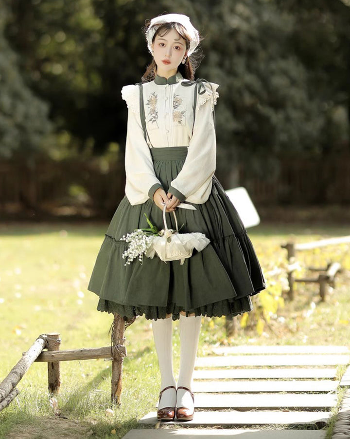 Sunflower Embroidered Long Sleeve Top Pinafore Skirt