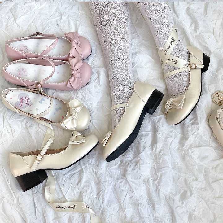 Beige Lolita Round-Toe Bow Shoes