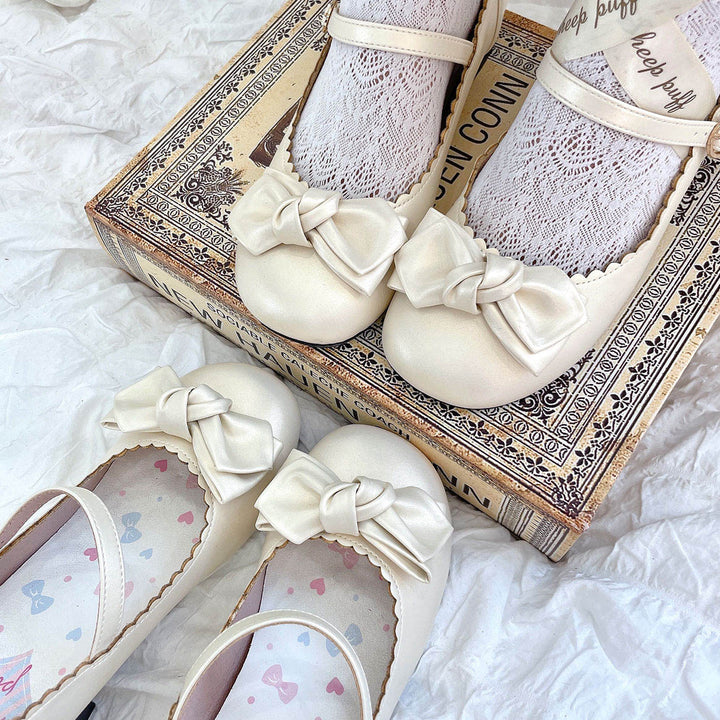 Beige Lolita Round-Toe Bow Shoes