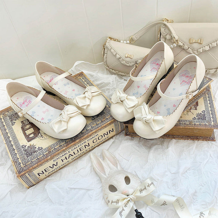 Beige Lolita Round-Toe Bow Shoes