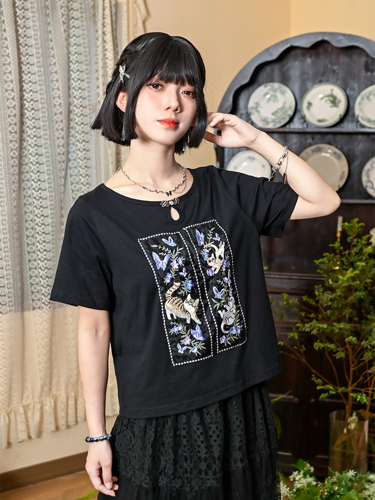 Heavy Embroidery Pure Cotton Black T-Shirt