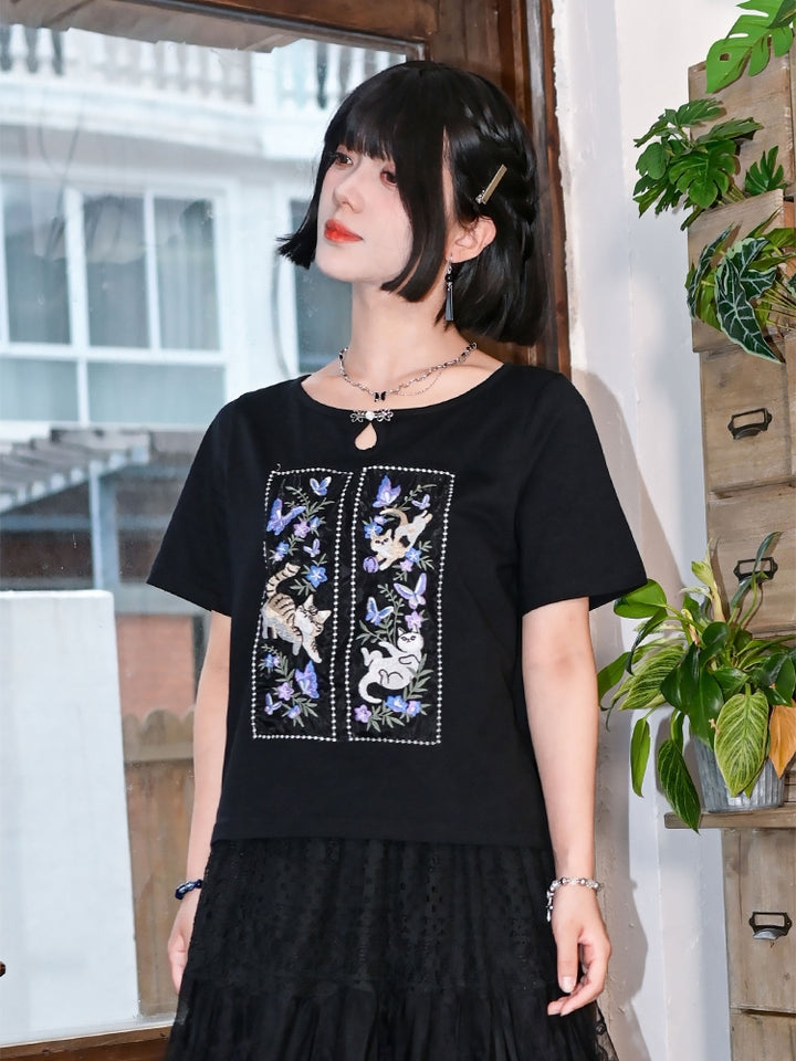 Heavy Embroidery Pure Cotton Black T-Shirt
