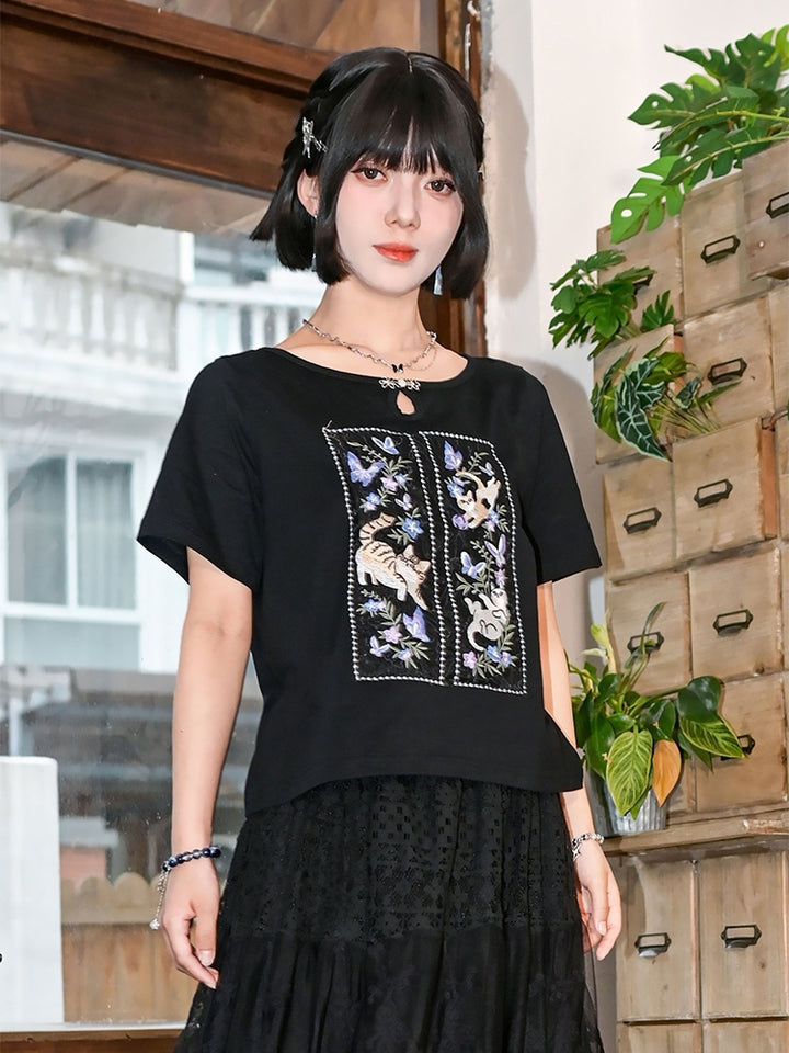 Heavy Embroidery Pure Cotton Black T-Shirt