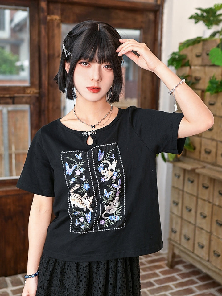 Heavy Embroidery Pure Cotton Black T-Shirt