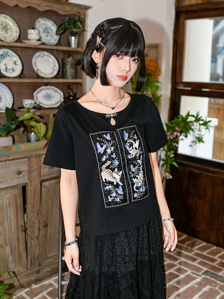 Heavy Embroidery Pure Cotton Black T-Shirt