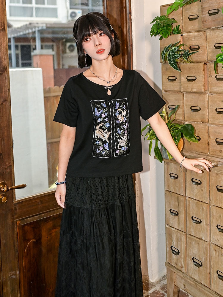 Heavy Embroidery Pure Cotton Black T-Shirt