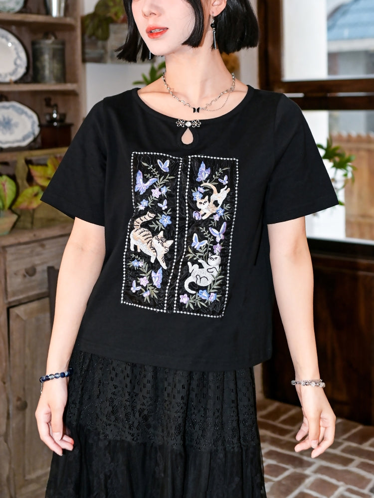 Heavy Embroidery Pure Cotton Black T-Shirt