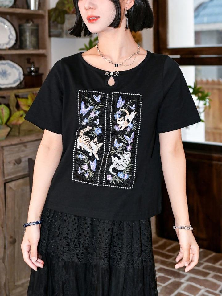 Heavy Embroidery Pure Cotton Black T-Shirt
