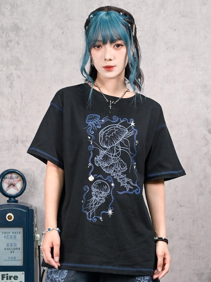 Jellyfish Print Black Cotton Crew Neck T-Shirt for Summer