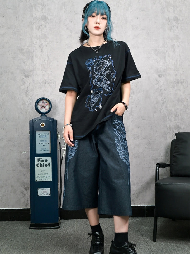 Jellyfish Print Black Cotton Crew Neck T-Shirt for Summer