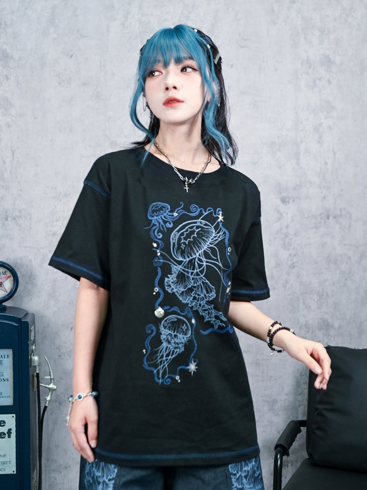 Jellyfish Print Black Cotton Crew Neck T-Shirt for Summer