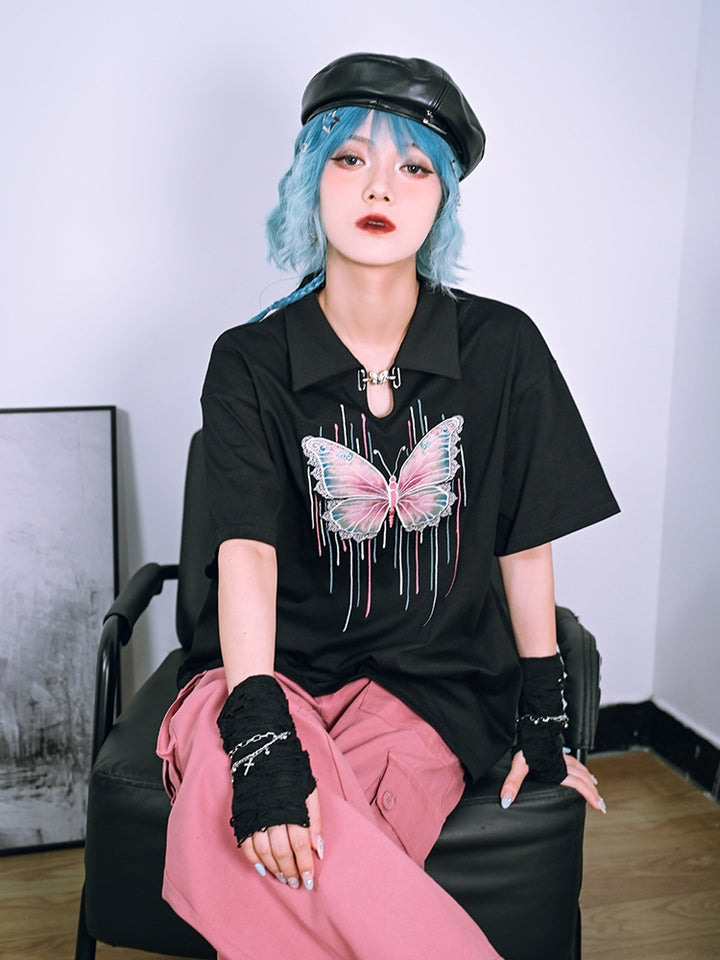 Butterfly Illusion Black Cutout Polo Collar Short Sleeve T-Shirt
