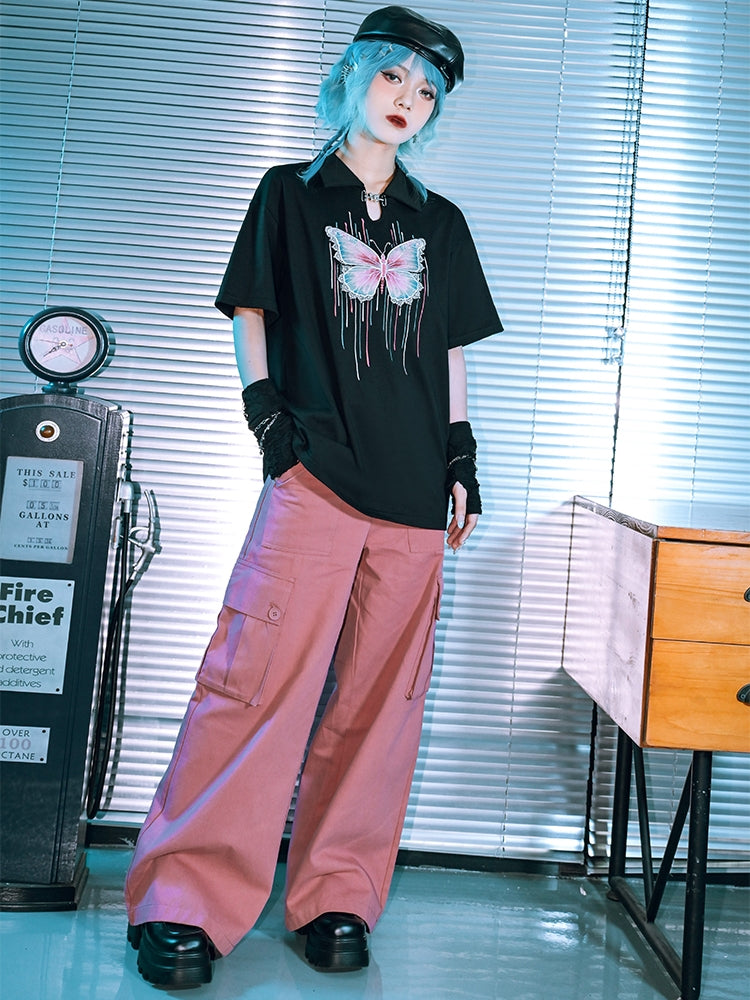 Butterfly Illusion Black Cutout Polo Collar Short Sleeve T-Shirt