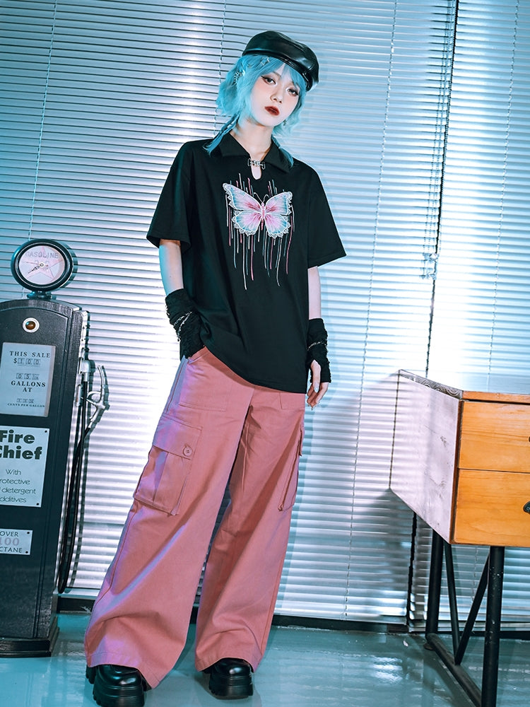 Butterfly Illusion Black Cutout Polo Collar Short Sleeve T-Shirt