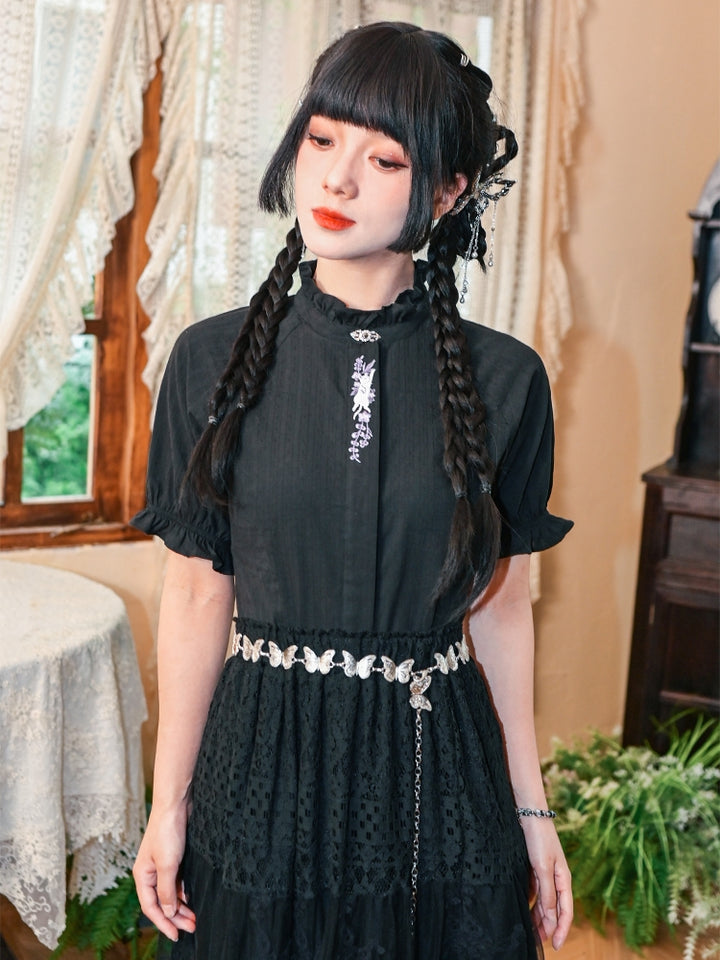 Chinese-Style Embroidered Black Short Sleeve Shirt