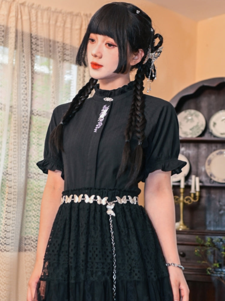 Chinese-Style Embroidered Black Short Sleeve Shirt