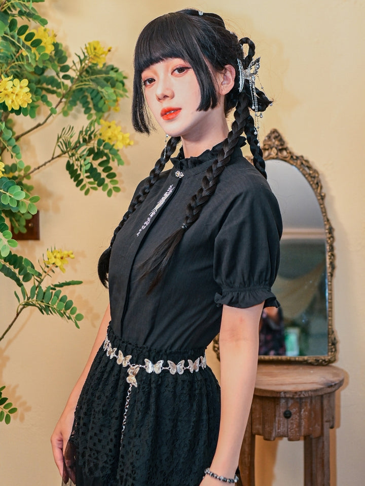 Chinese-Style Embroidered Black Short Sleeve Shirt