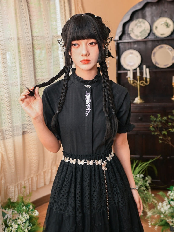 Chinese-Style Embroidered Black Short Sleeve Shirt