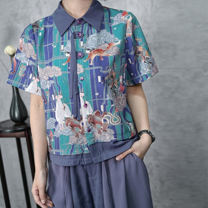 Fantasy Collection Chinese Street Style Printed Short Sleeve Fringe Shirt / Skirt