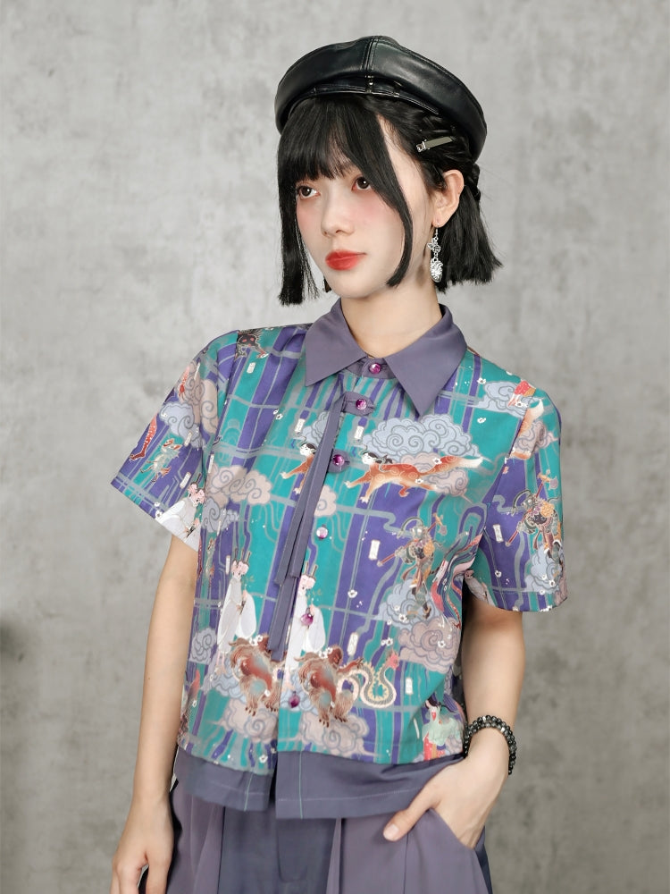 Fantasy Collection Chinese Street Style Printed Short Sleeve Fringe Shirt / Skirt