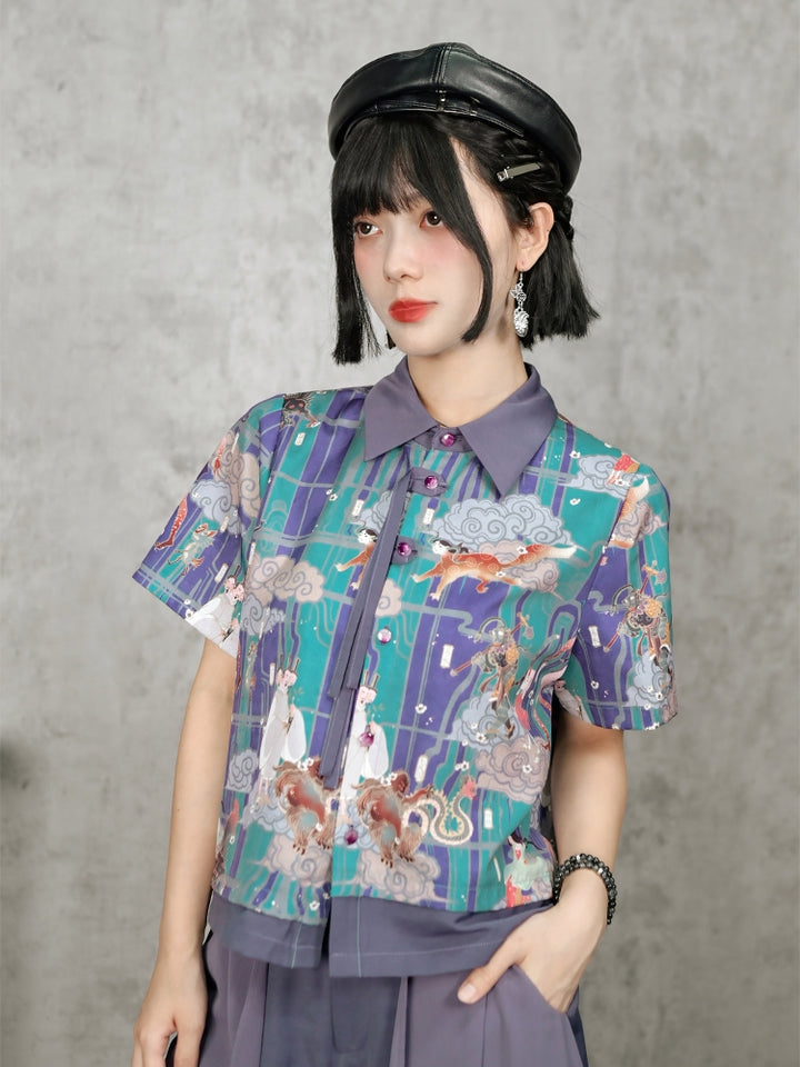 Fantasy Collection Chinese Street Style Printed Short Sleeve Fringe Shirt / Skirt