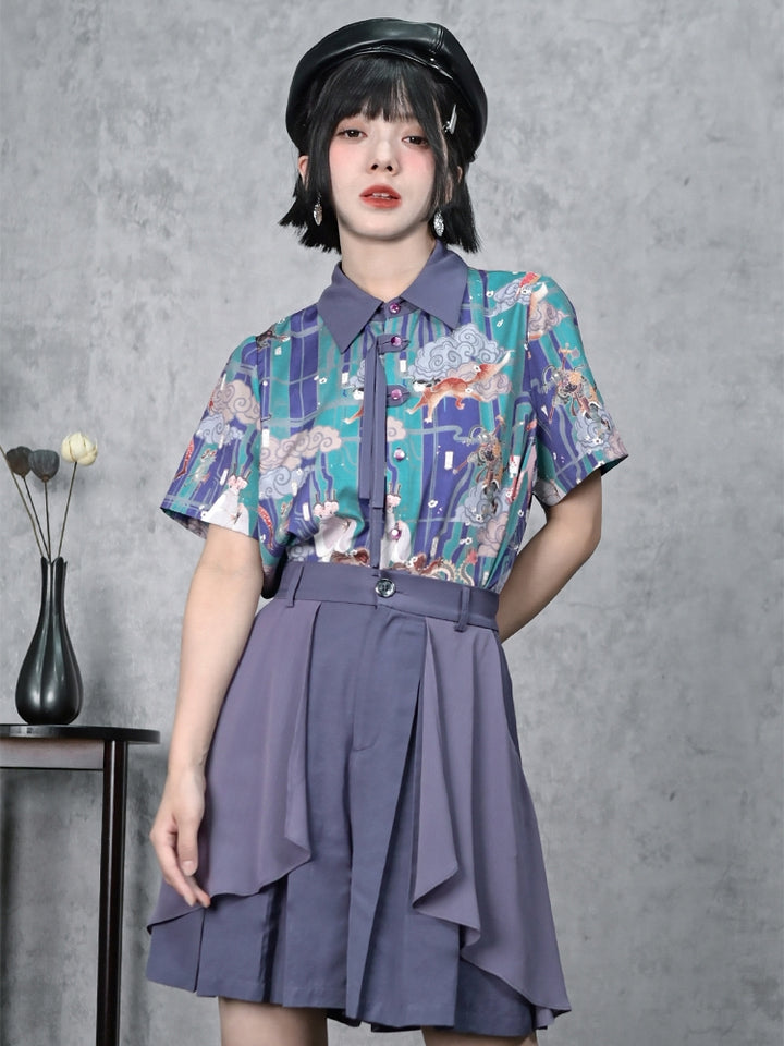 Fantasy Collection Chinese Street Style Printed Short Sleeve Fringe Shirt / Skirt