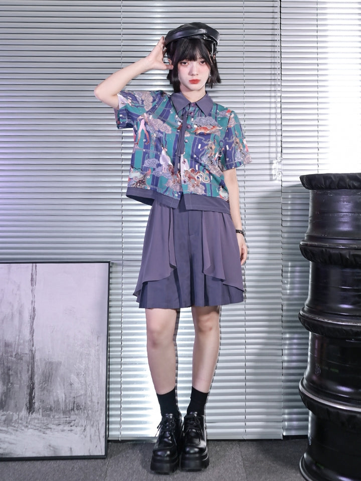 Fantasy Collection Chinese Street Style Printed Short Sleeve Fringe Shirt / Skirt