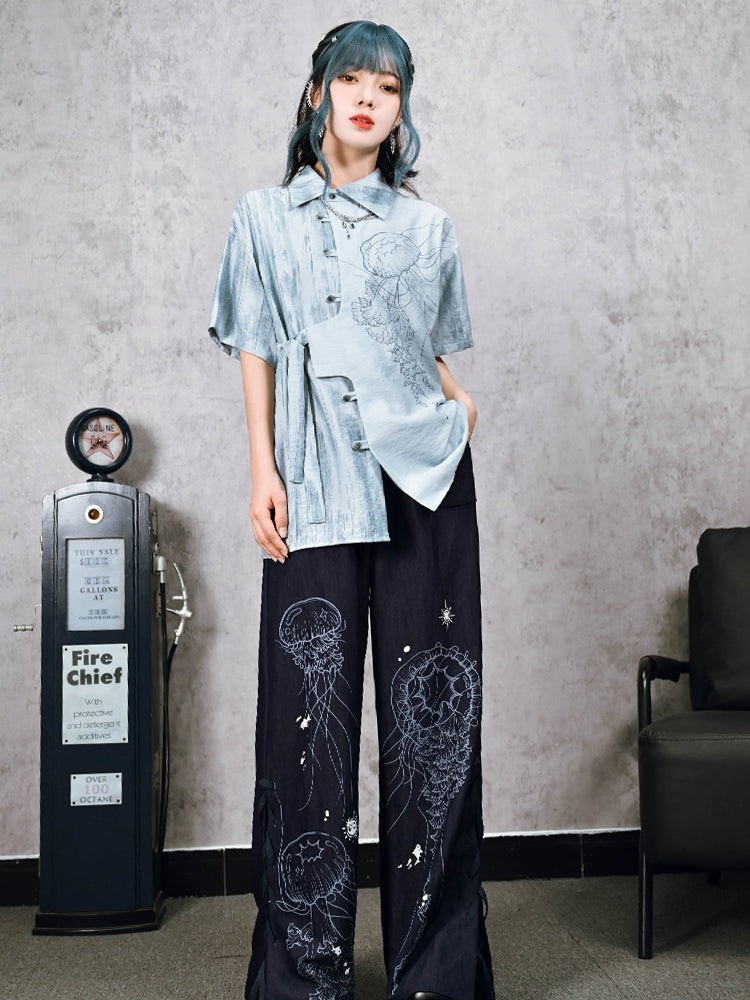 Jellyfish Print Asymmetric Chinese-Style Shirt