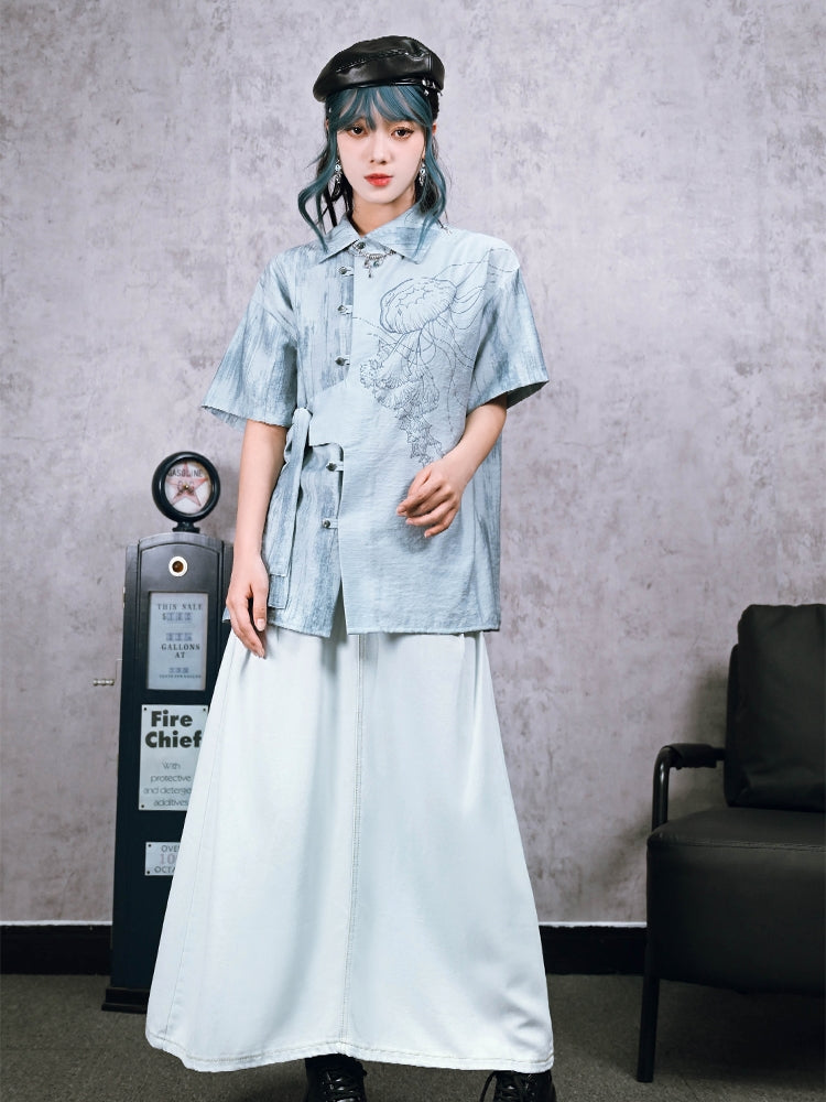 Jellyfish Print Asymmetric Chinese-Style Shirt
