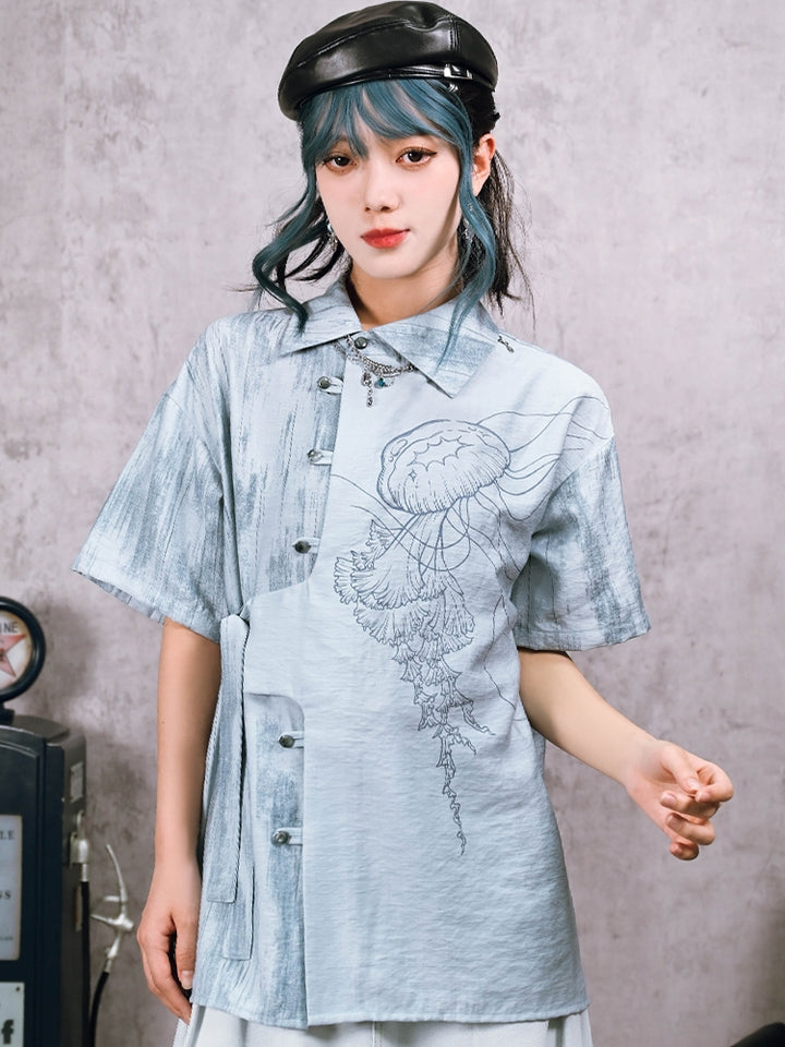 Jellyfish Print Asymmetric Chinese-Style Shirt