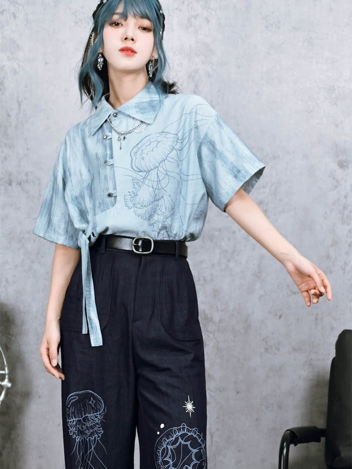 Jellyfish Print Asymmetric Chinese-Style Shirt