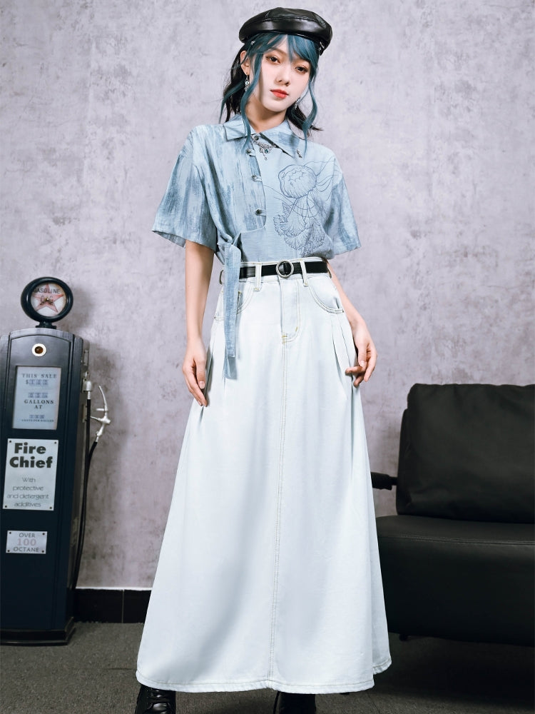 Jellyfish Print Asymmetric Chinese-Style Shirt