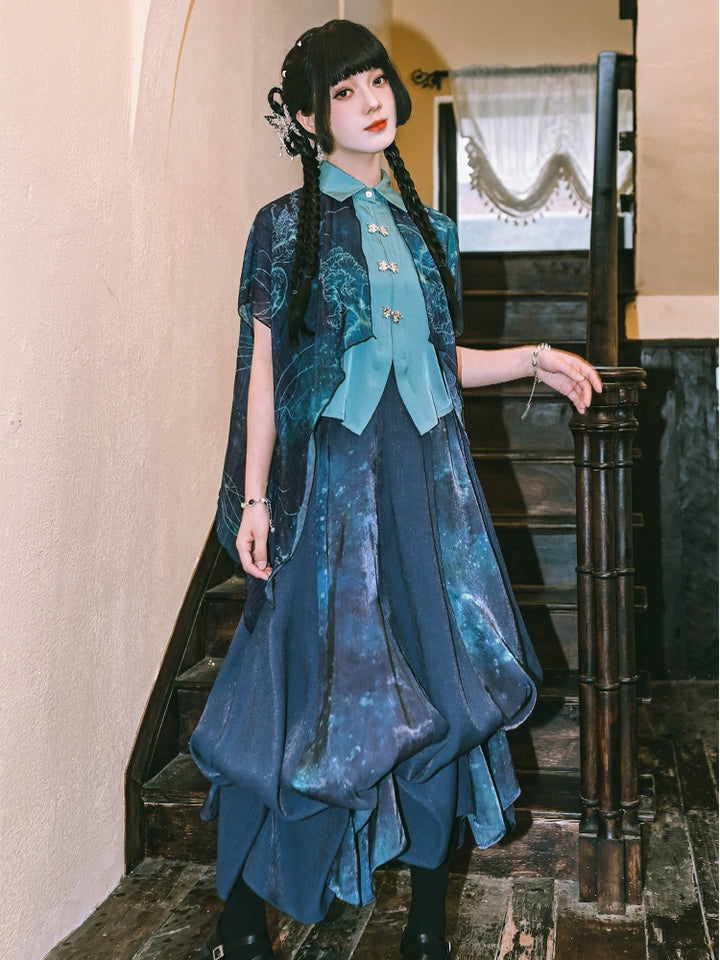 Jellyfish Print Chinese-Style Double-Layer Chiffon Cotton Shirt