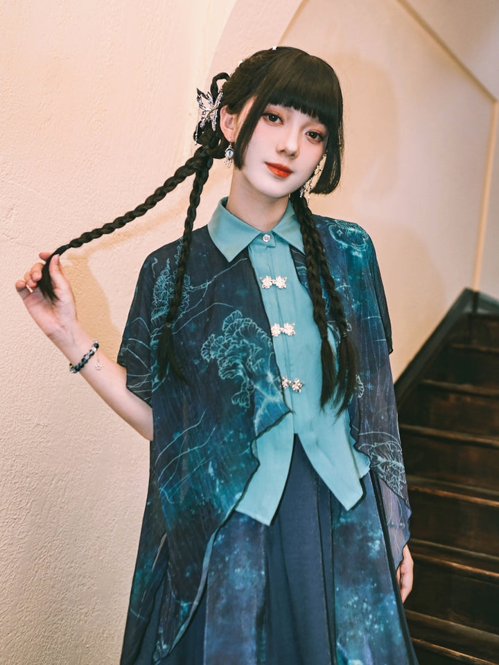 Jellyfish Print Chinese-Style Double-Layer Chiffon Cotton Shirt