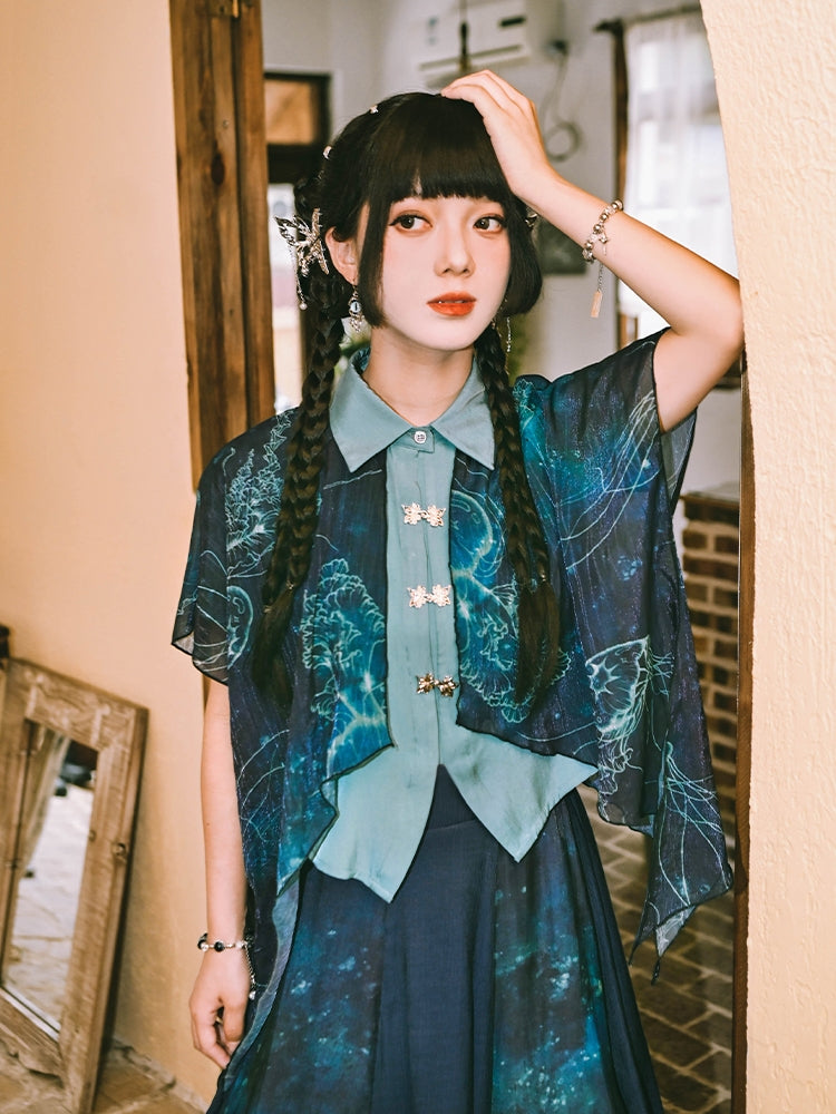 Jellyfish Print Chinese-Style Double-Layer Chiffon Cotton Shirt