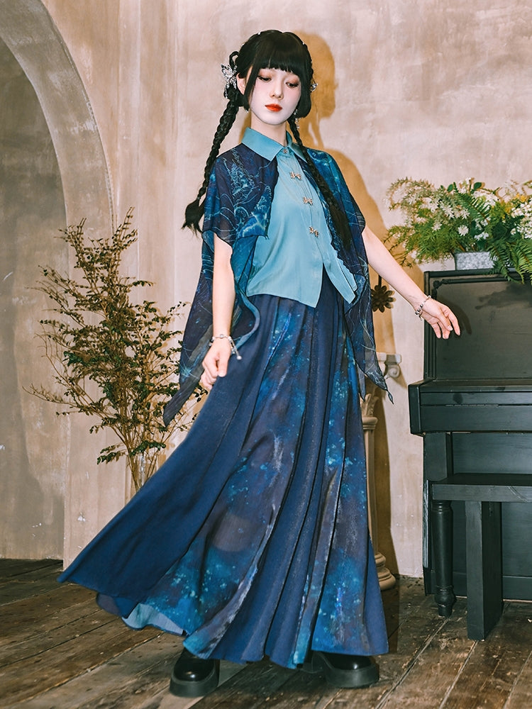 Jellyfish Print Chinese-Style Double-Layer Chiffon Cotton Shirt