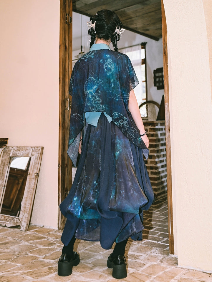 Jellyfish Print Chinese-Style Double-Layer Chiffon Cotton Shirt