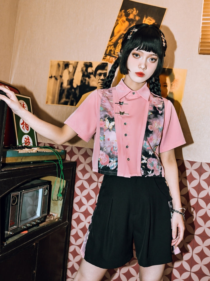 Chinese-Style Pink Patchwork Printed Short Sleeve Shirt